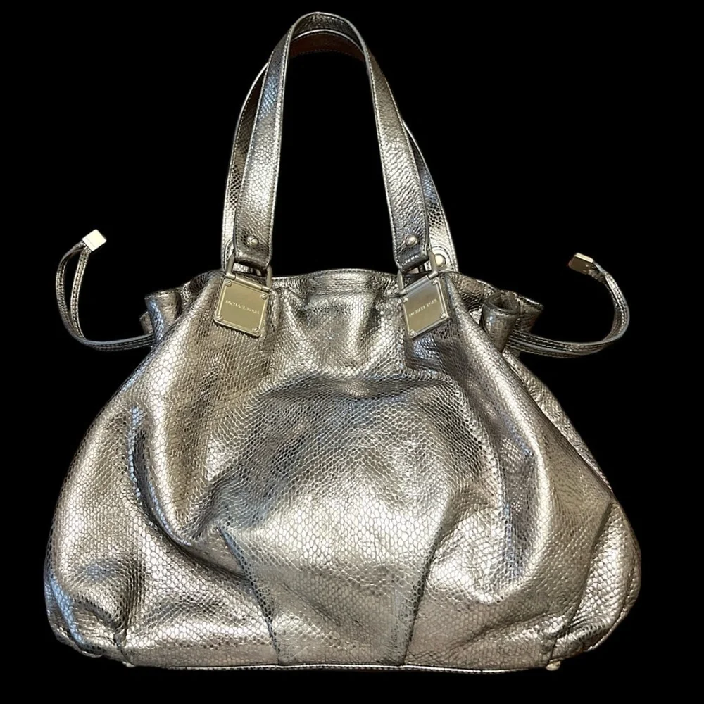 Michael Michael Kors Newbury satchel snake embossed  leather pewter silver